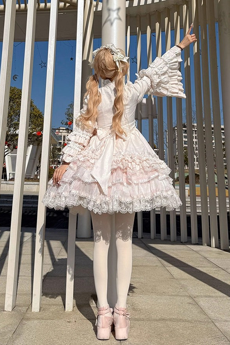 Pink Soloist Doll Long Hime Sleeve Multi-Layer Print Ruffle Bow Asymmetrical Sweet Lolita