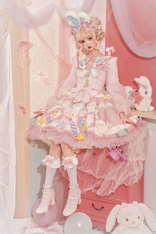 Candy Lace Long-Sleeve Bowknot Tiered JSK