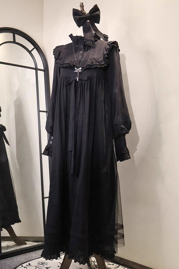 Black Gothic Nightgown with Ruffled Bow and Long Sleeves