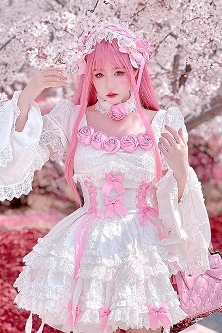 Ivory & Pink Puff-Sleeve Princess Gothic Lolita Tiered Gown
