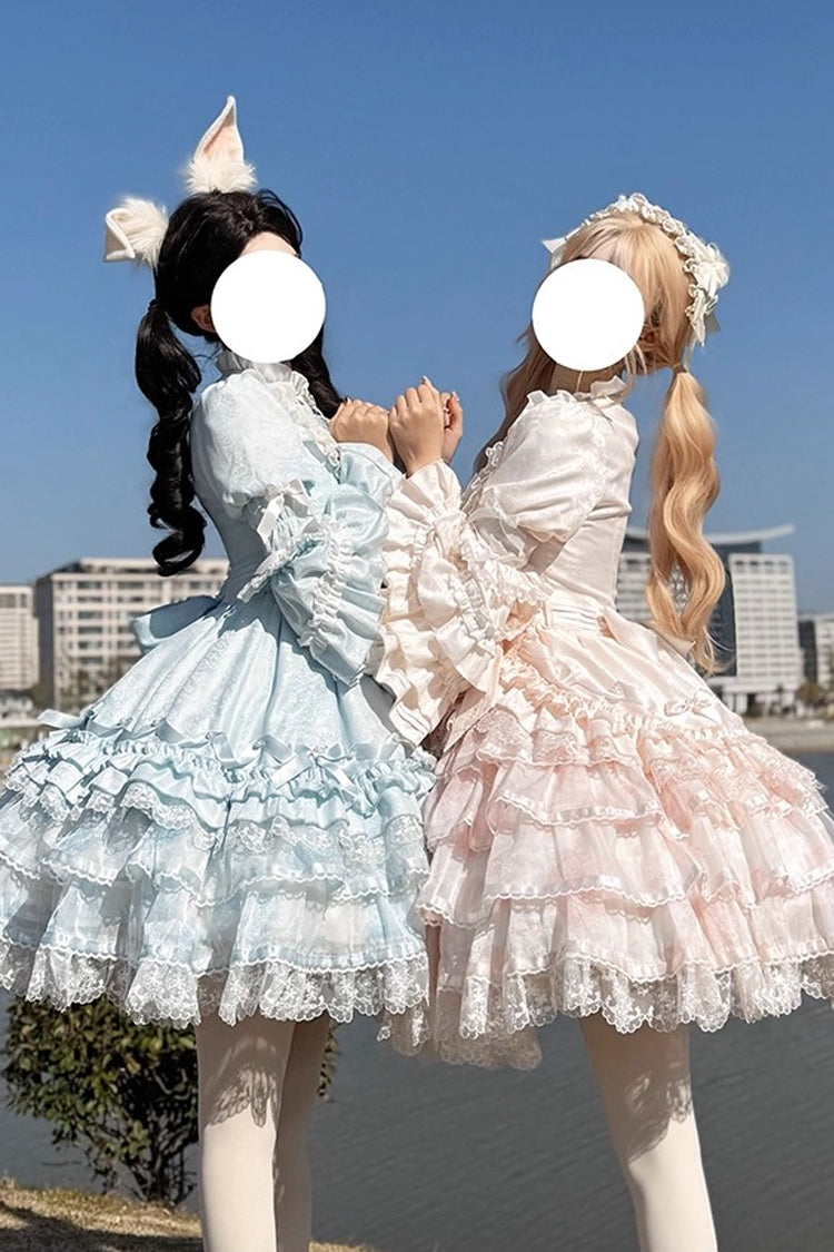 Pink Soloist Doll Long Hime Sleeve Multi-Layer Print Ruffle Bow Asymmetrical Sweet Lolita