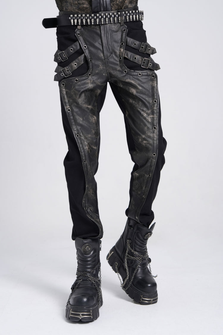 Faux Leather Stitching Buckle Pants - Punk