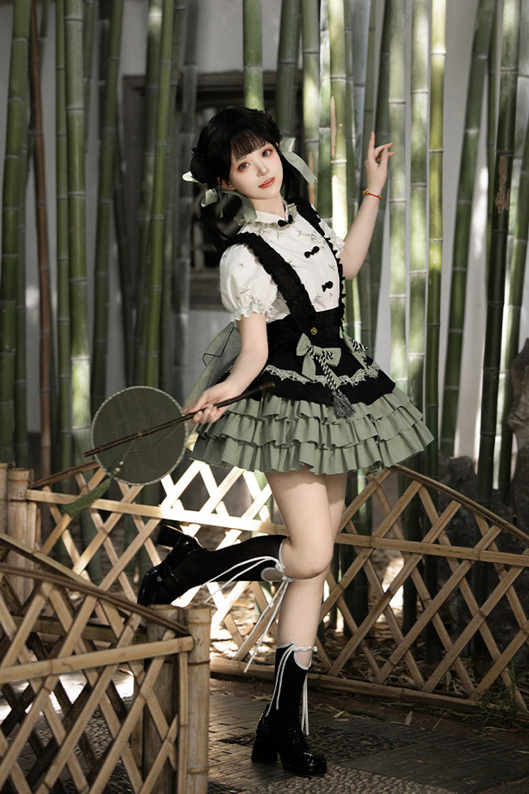 Bamboo Leaves Print Ruffle Bowknot Chinese Lolita Skirt Set
