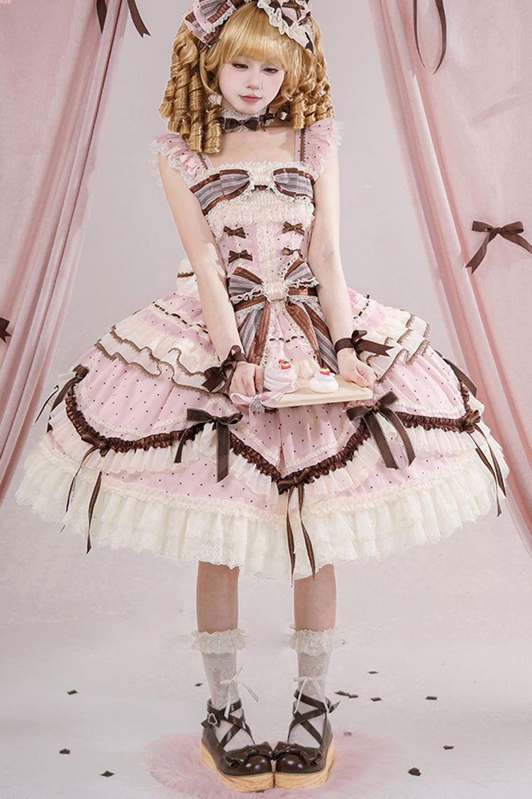 Sleeveless Print Ruffle Bow Lace-Up Sweet Elegant Lolita Jumper Dress - Pink