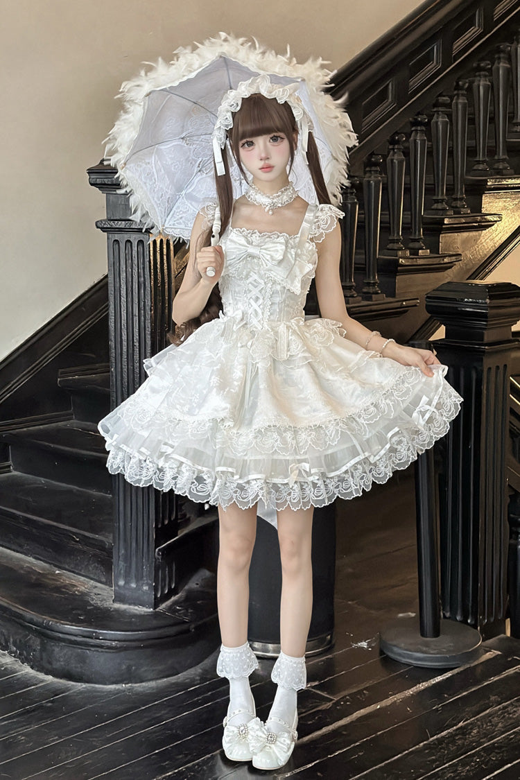 Ivory Sleeveless Ruffle Bow Lace Slim Sweet Ballet JSK