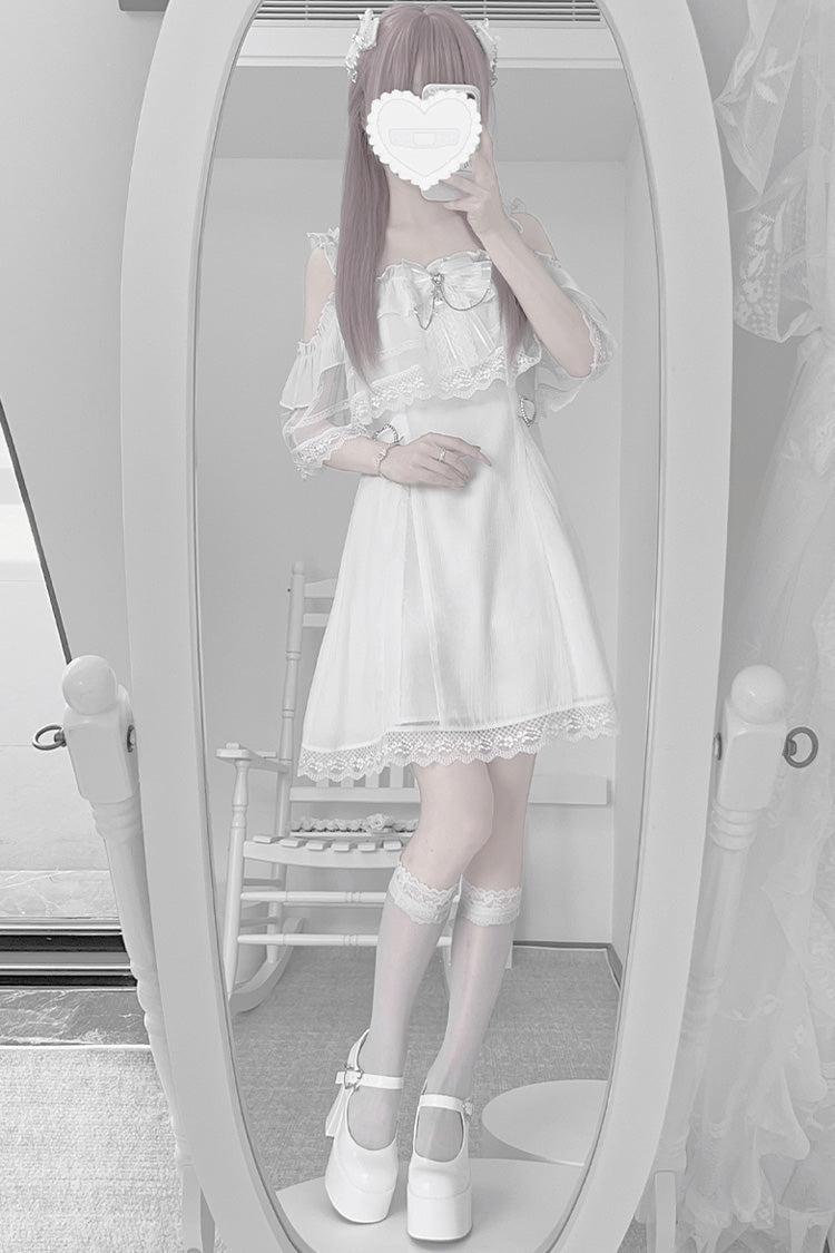 Ivory Pear Moon Ruffle Bow Lace Jirai Kei Japanese Dress