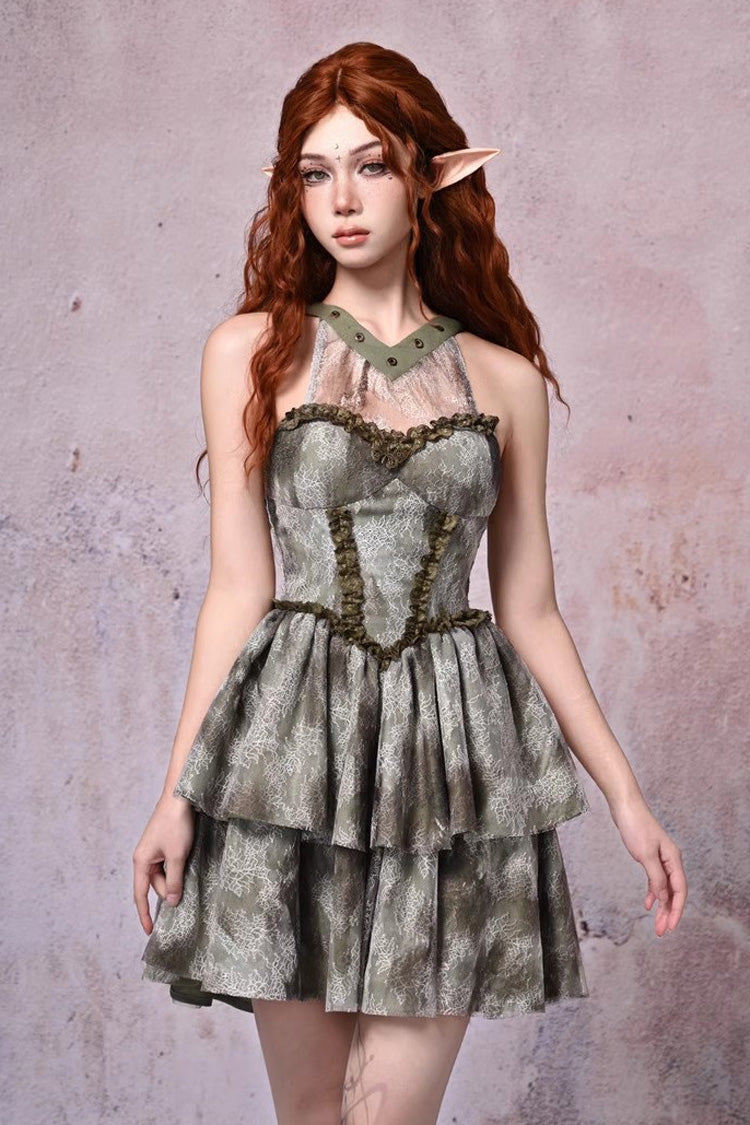 Green Halterneck Tie-Dyed Lace Vintage JSK