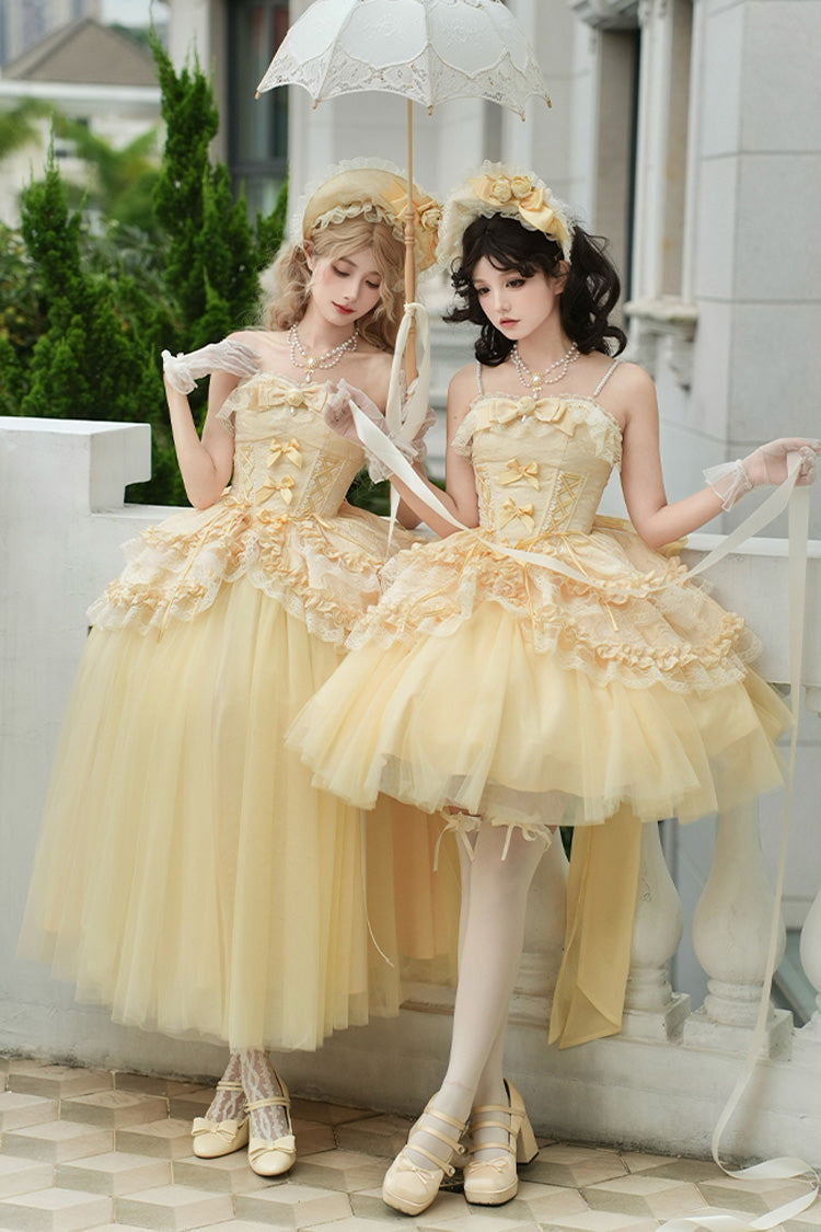 Yellow Off Shoulder Sweet Skirt with Lace and Bow - Sissi's Pilgrimage