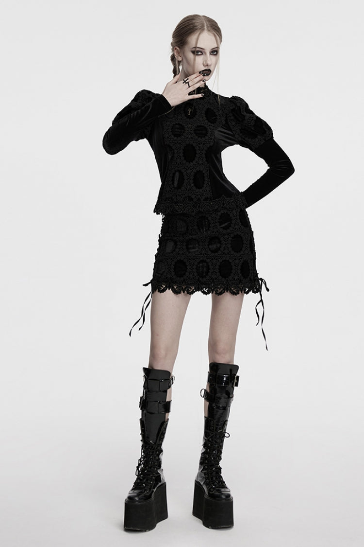 Jet-Black Gothic Blouse with Puffed Sleeves and Embroidered Print