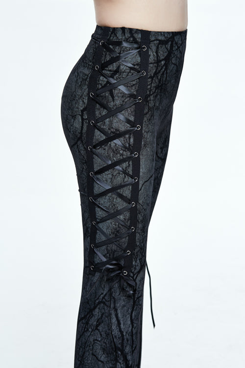 Gothic Bellbottom Pants with Branch Printing and Forest Motif
