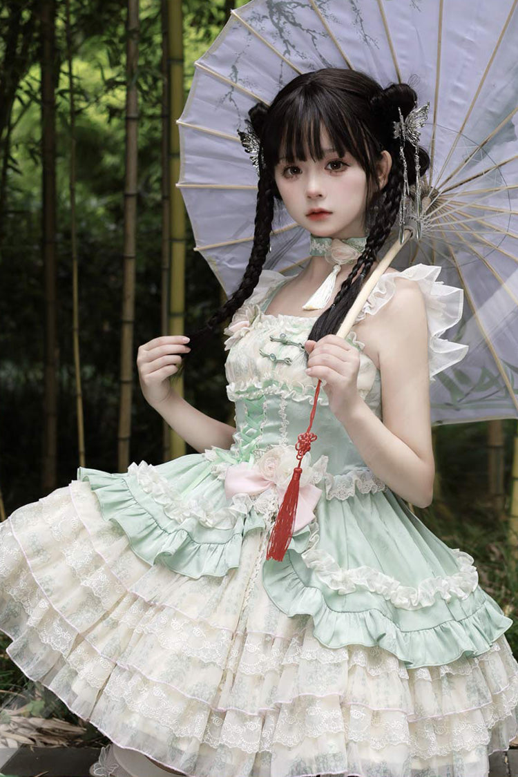 Ancient Poetry Printed Multi-Layer Sweet Lolita Tiered Dress - Chinese Style