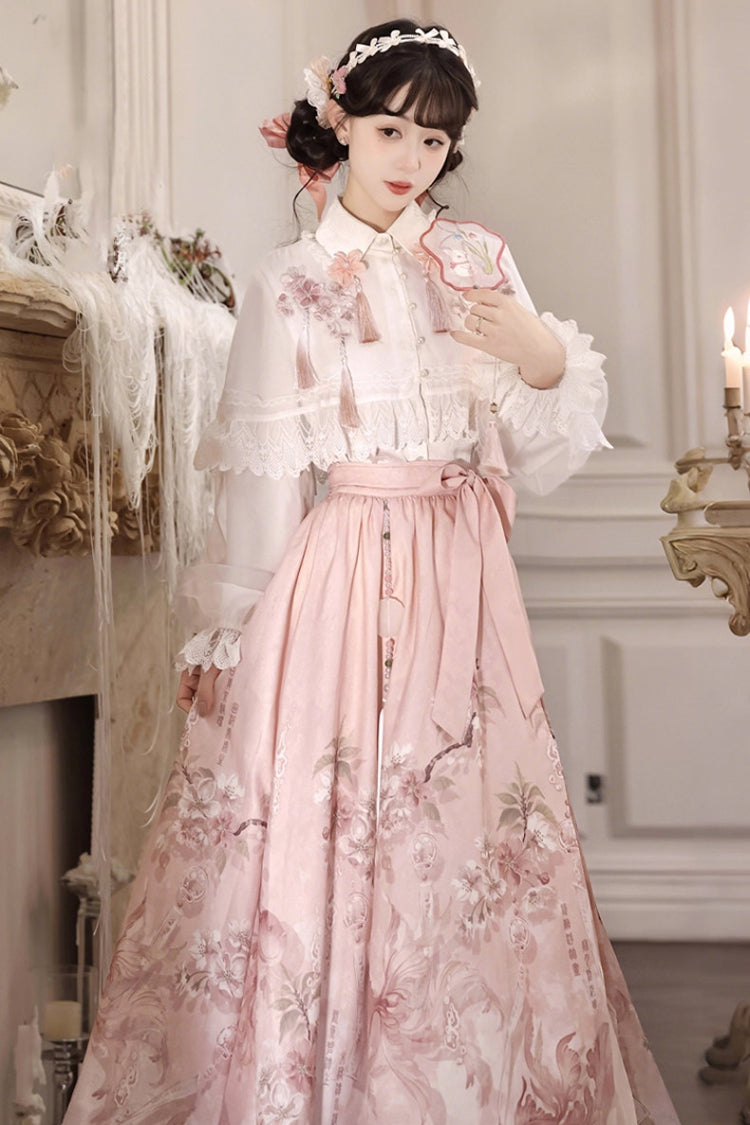 Ivory and Pink Cherry Blossom Rain Lapel Collar Long Sleeve High-Waist Printed Sweet Hanfu Dress Set