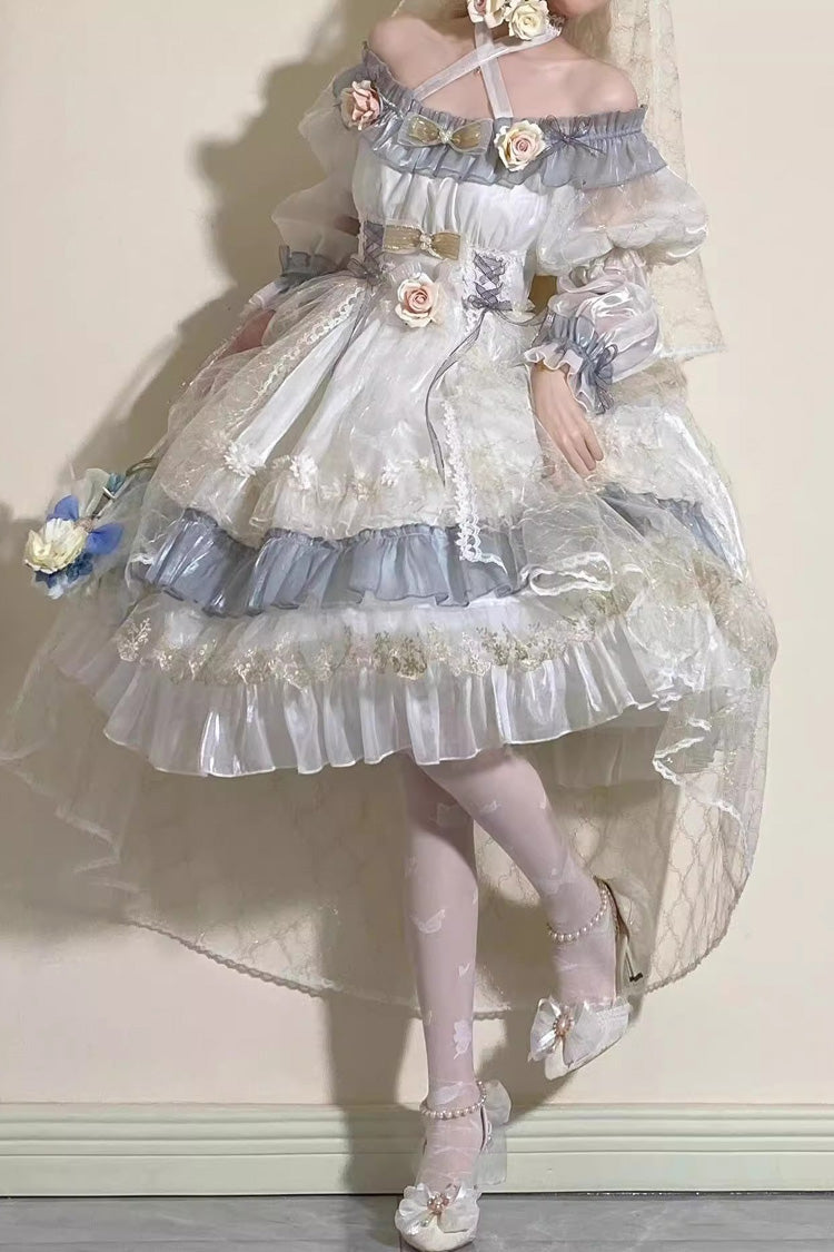 Long Sleeve Multi-Layer Ruffle Bow Lace Lace-Up Sweet Princess Lolita Dress - Grey Blue