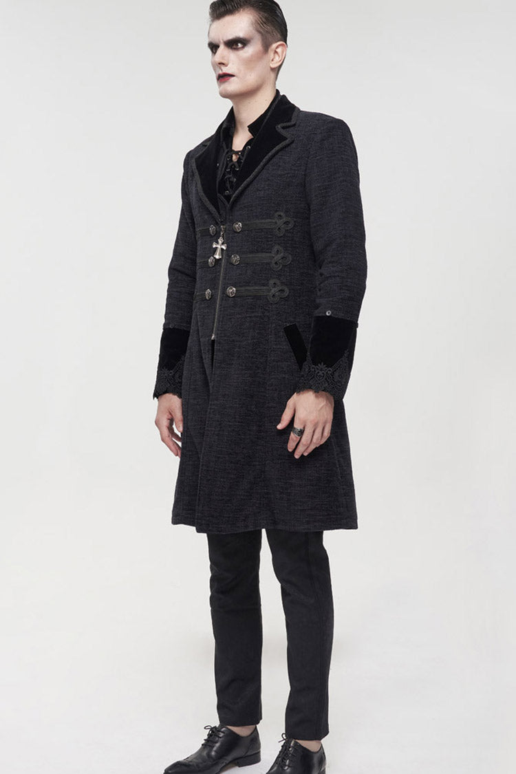 Gothic Men's Coat with Removable Fur Collar, Button Accents
