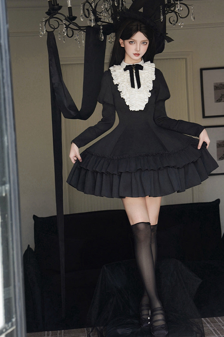 Black Miss Weir Stand Collar Long Sleeved Double-Layered Ruffled Gothic Dress
