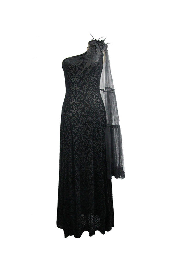 Feather Lace Velvet Gothic Dress with One Shoulder