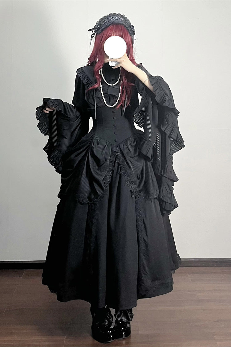 Black Sleepwalking Long Hime Sleeves Stitching Lace Plus Size Elegant Gothic Skirt Set