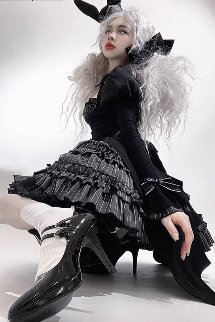 Charcoal Striped Long-Sleeve Ruffled Lace Dress - Duke of the Trap Rabbit