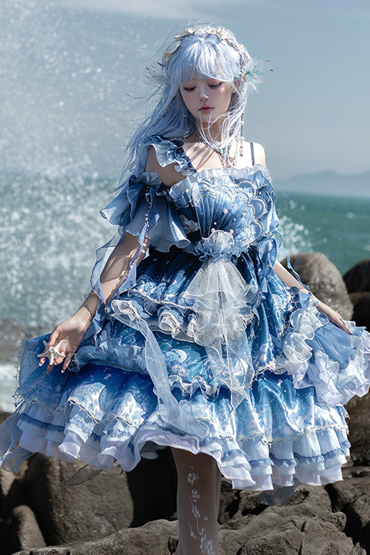 Blue Gradient Lace Embroidery Bowknot Asymmetric Elegant JSK Dress