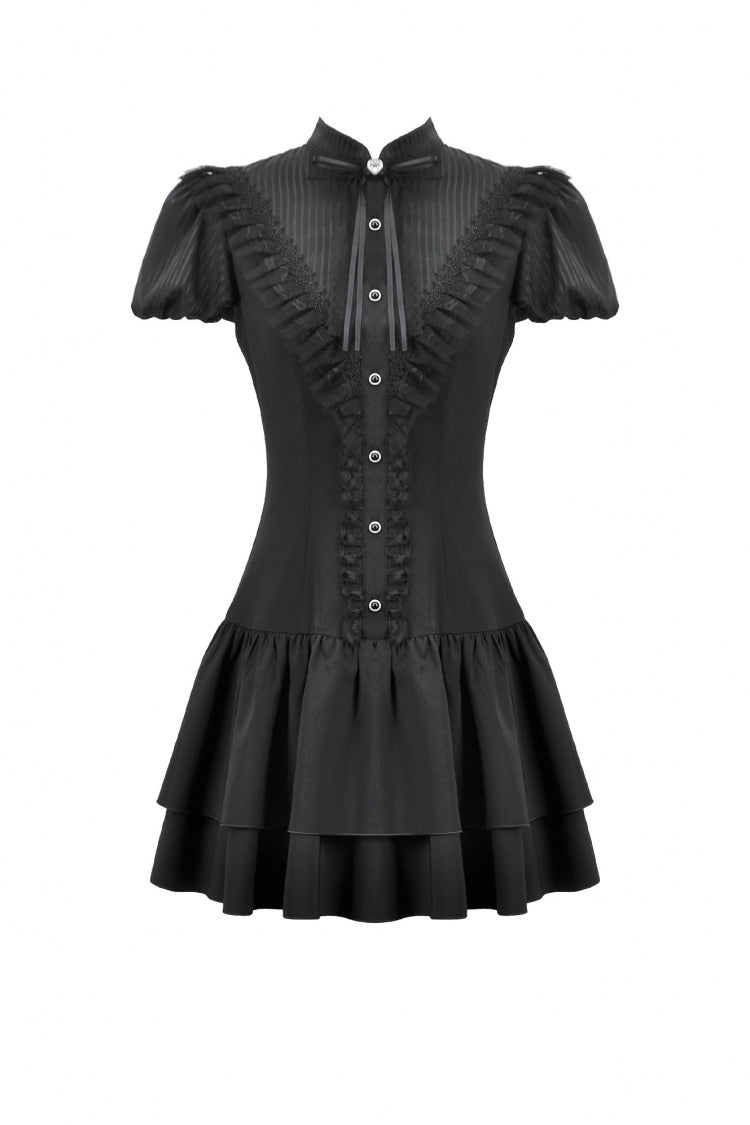 Pleated Bow Lace-Up Short Sleeve Gothic Lolita Dress - Black