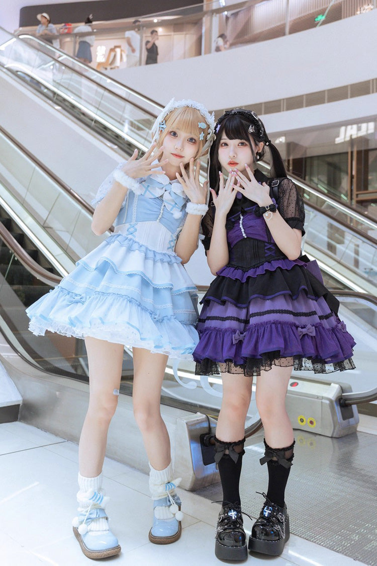Blue/White Cotton Cloud Lapel Collar Ruffle Ribbon Lace-Up Girly Lolita JSK Dress