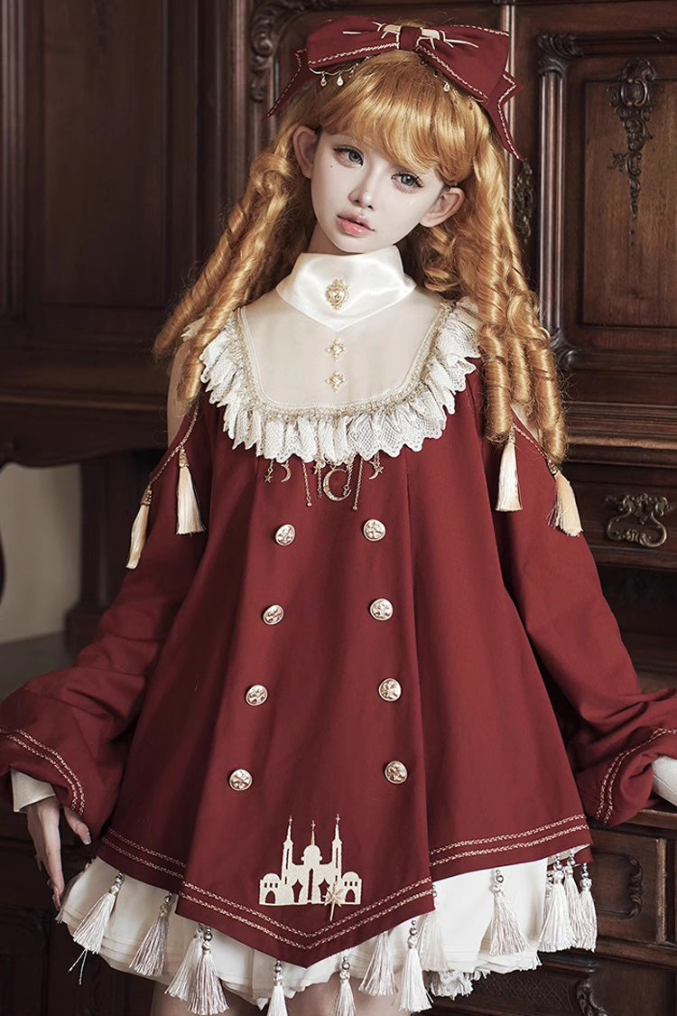 Crimson Starry Night Gown with Ruffled Sleeves and Embroidery