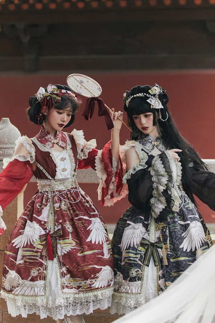 Chinese Style Long Sleeve Print Ruffle Lace Sweet Lolita Dress