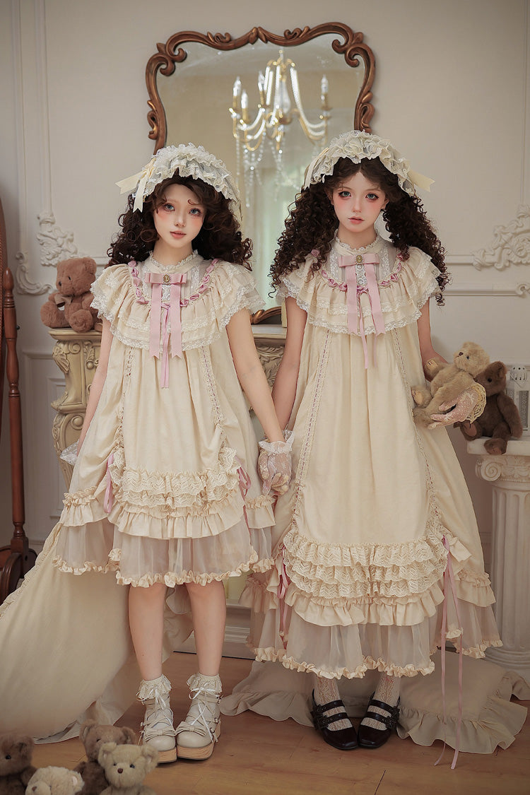 Apricot Sweet Lolita Dress with Stand Collar Short Sleeves Loose Doll-Like Ruffled Bow Lace