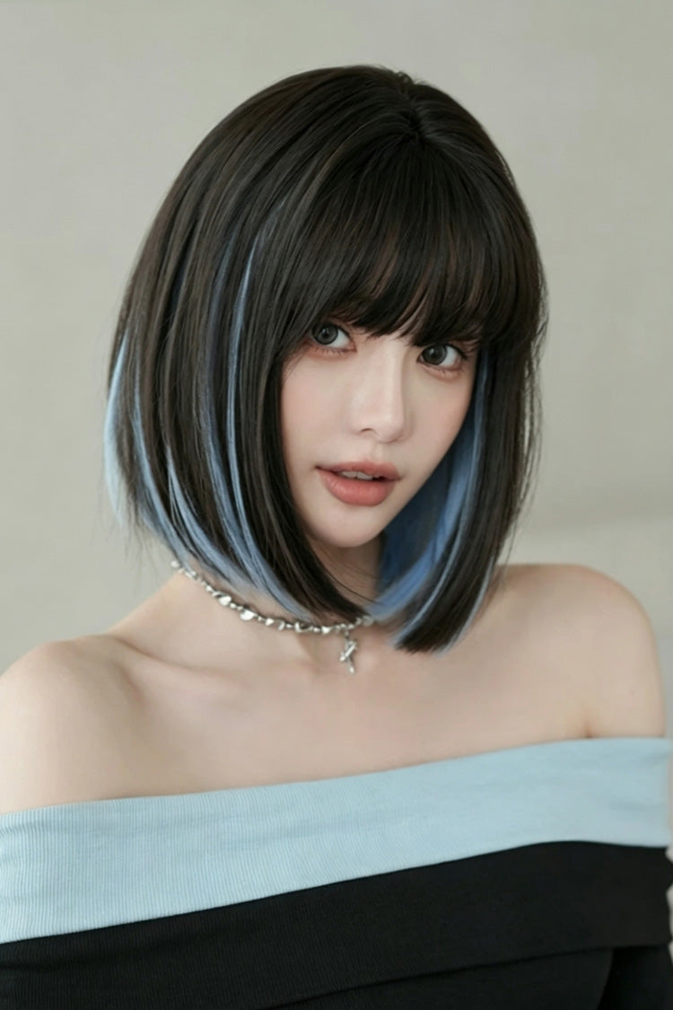 Sky Blue Black Highlight Natural Clavicle Bob Sweet Lolita Wig