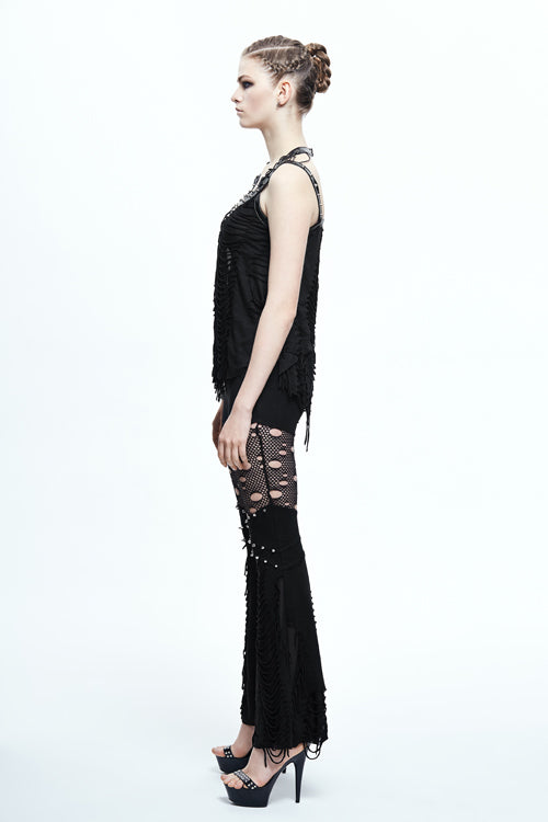 Punk Tee with Leather Loops, Nailed Shoulders, Lace-Up Halter