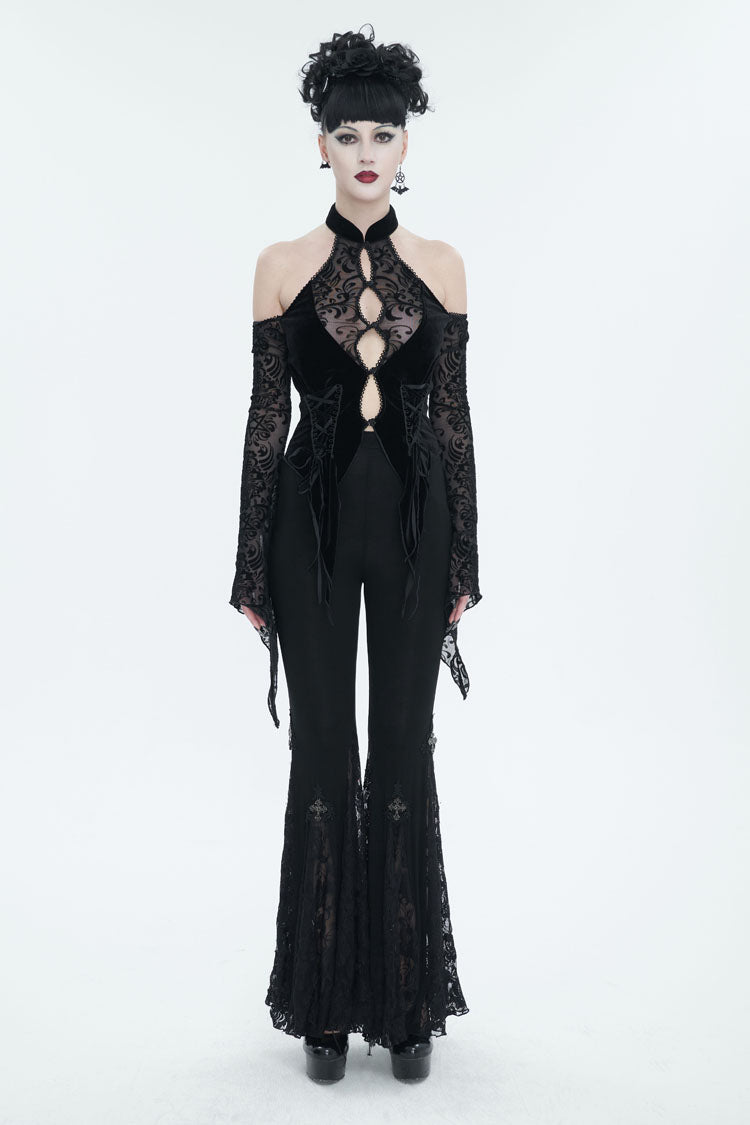 Dark Symbol Flocked Rose Button Off-Shoulder Gothic Top