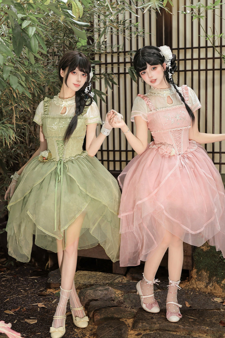 Fragrance Stand Collar Short Sleeves Multi-Layered Printed Ruffled Bow Lace Irregular Chinese Style Sweet Lolita Dress 2 Colors - Green/Pink