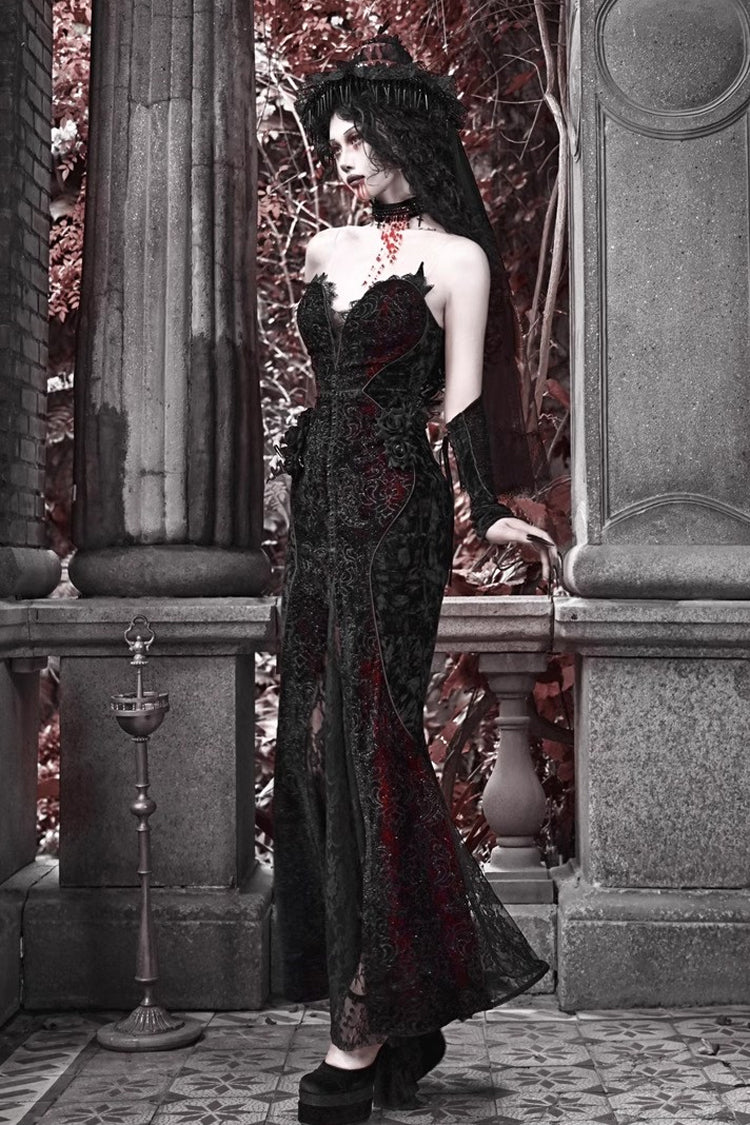Black/Red High-Waisted Embroidered Lace Sleeveless Ruffle Gothic Fishtail Dress - Scarlet Blood Peak