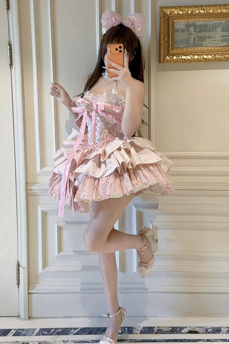 Princess Ballet Sweet Lolita JSK Dress with Ruffled Bow and Lace-Up - Pink