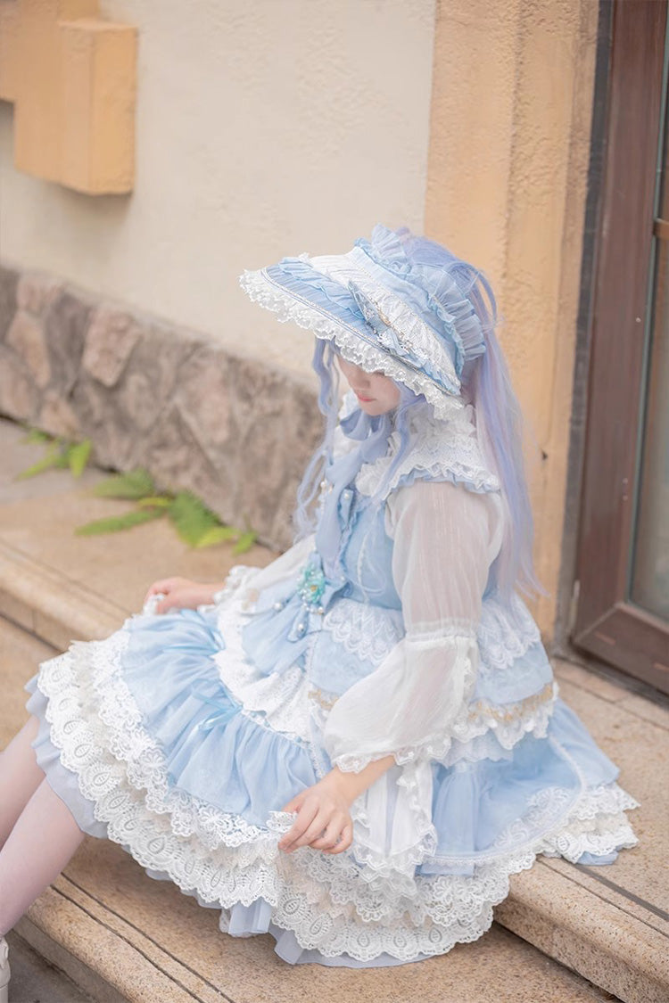 Multi-Layer Sleeveless Undine's Tears Print Ruffle Hanayome Bowknot Sweet Lolita Jsk Dress - 2 Colors