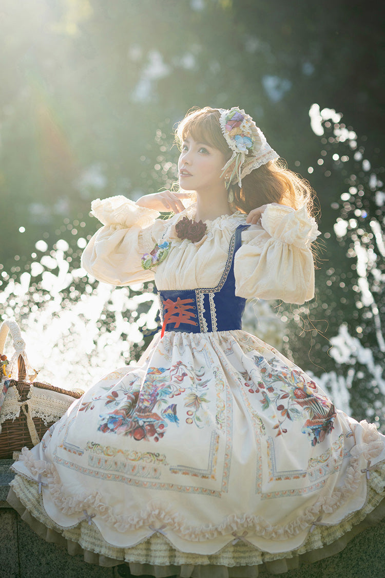 Cream Ode to Plenty Berry Bird Print Velvet Bow Frilled Classic Lolita Corset JSK Dress