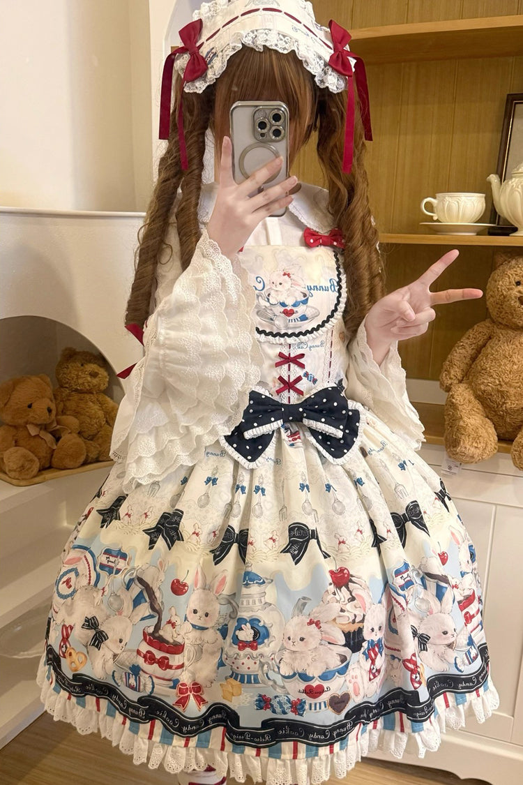 Sleeveless Print Ruffle Bowknot Lace Sweet Lolita Jsk Dress Beige