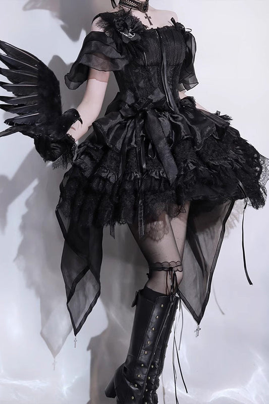 Black Sleeveless Multi-Layer Lace Gothic Skirt Set - Rose Memoirs