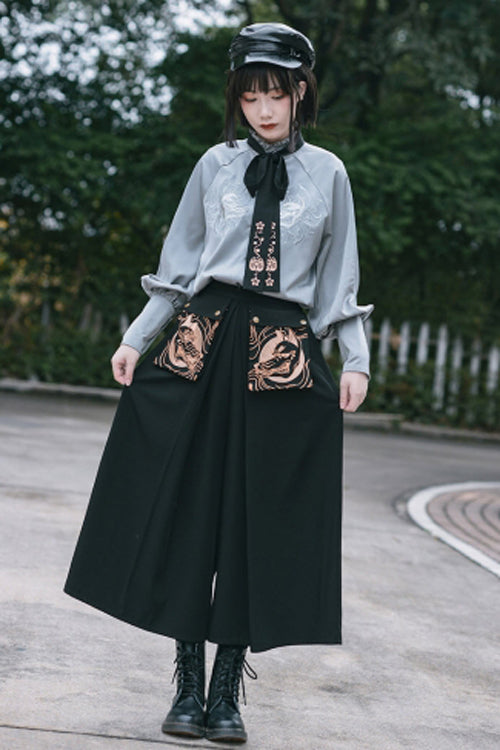 Demonic Embroidered Ouji Wide-Leg Trousers in Black