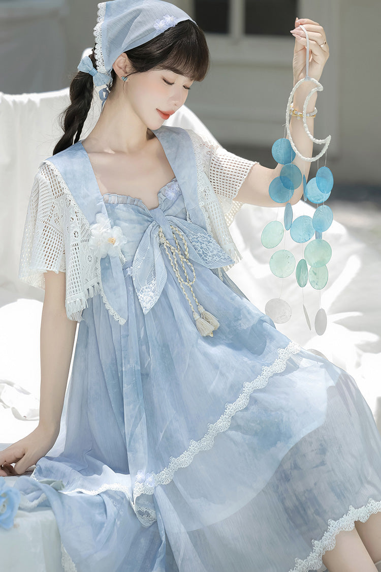 Print Ruffle Embroidery Bow Lace Irregular Lolita Jumper Dress - Blue