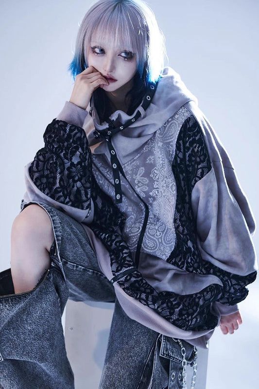 Color-Blocked Hooded Tie-Dye Zip-Up Jirai Jacket