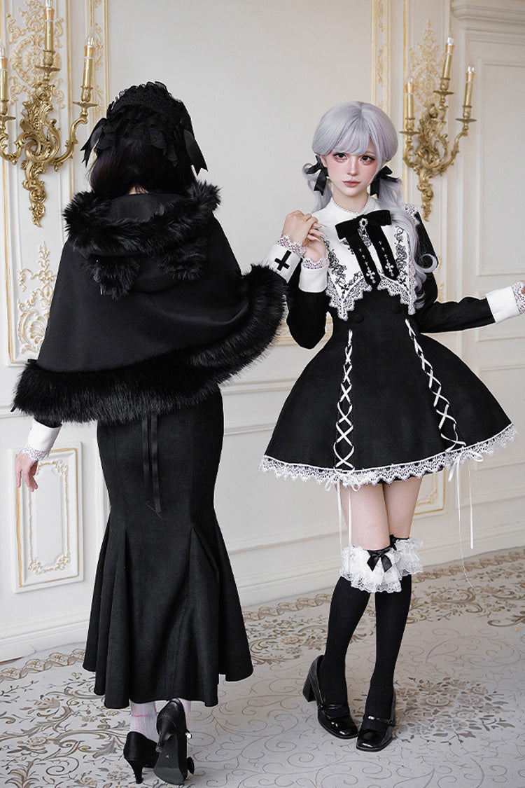 Rose Doll Square Collar Lace-Up Gothic Lolita Dress Set with Bow