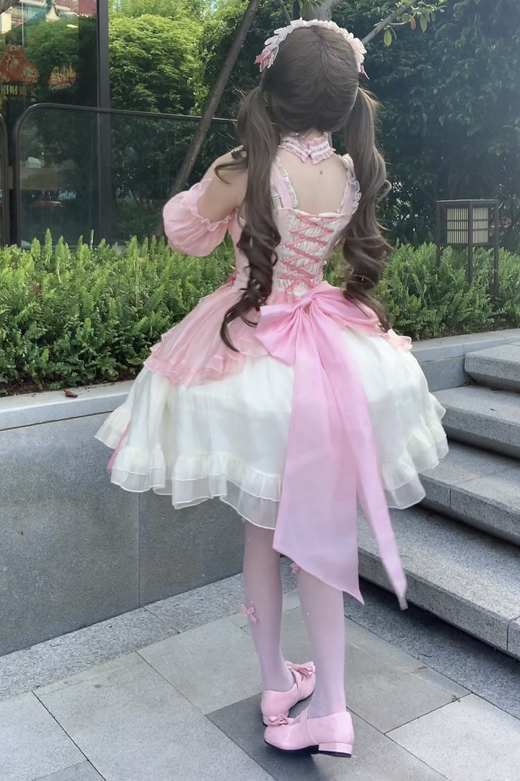 Ivory and Pink Sakura Bow Sleeveless Double-Layer Ruffled Bow Sweet Princess Lolita JSK