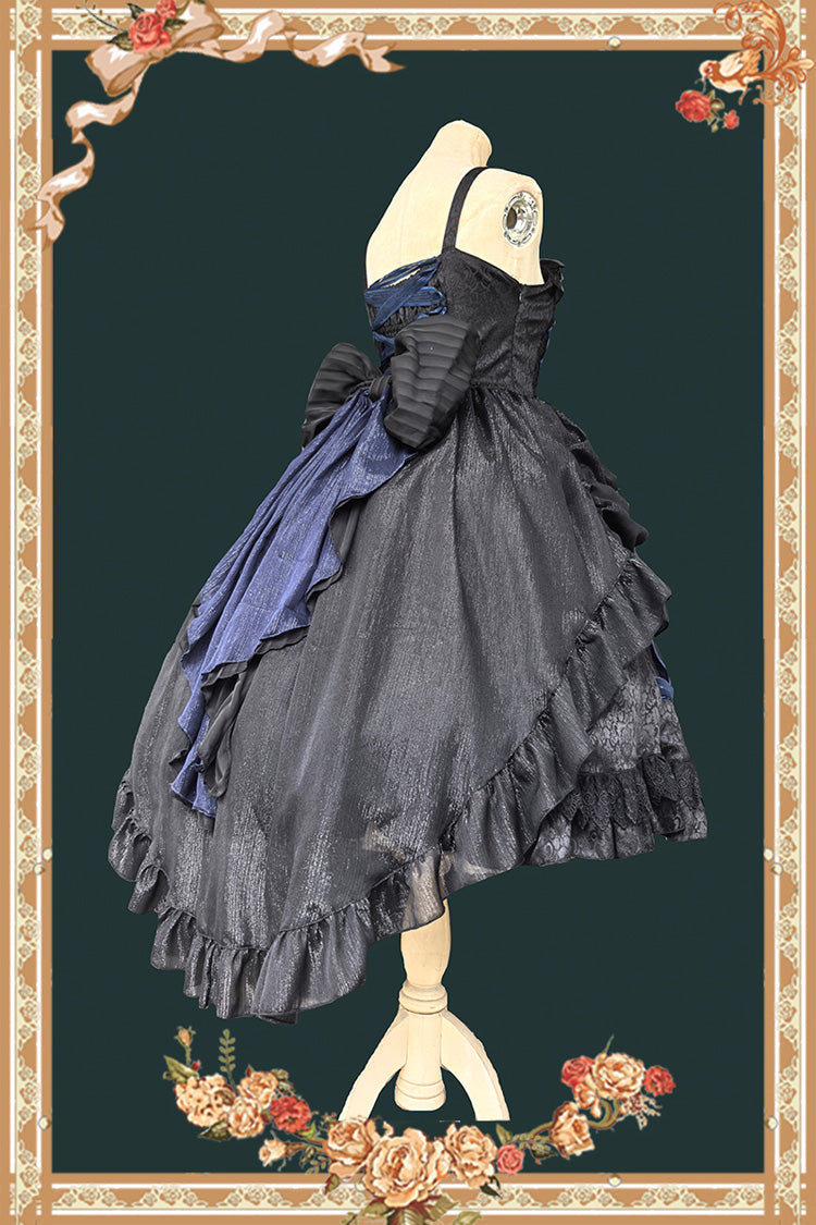 Sleeveless Printed Ruffled Bow Lace-Up Gothic Elegant Jsk Dress - Two Colors