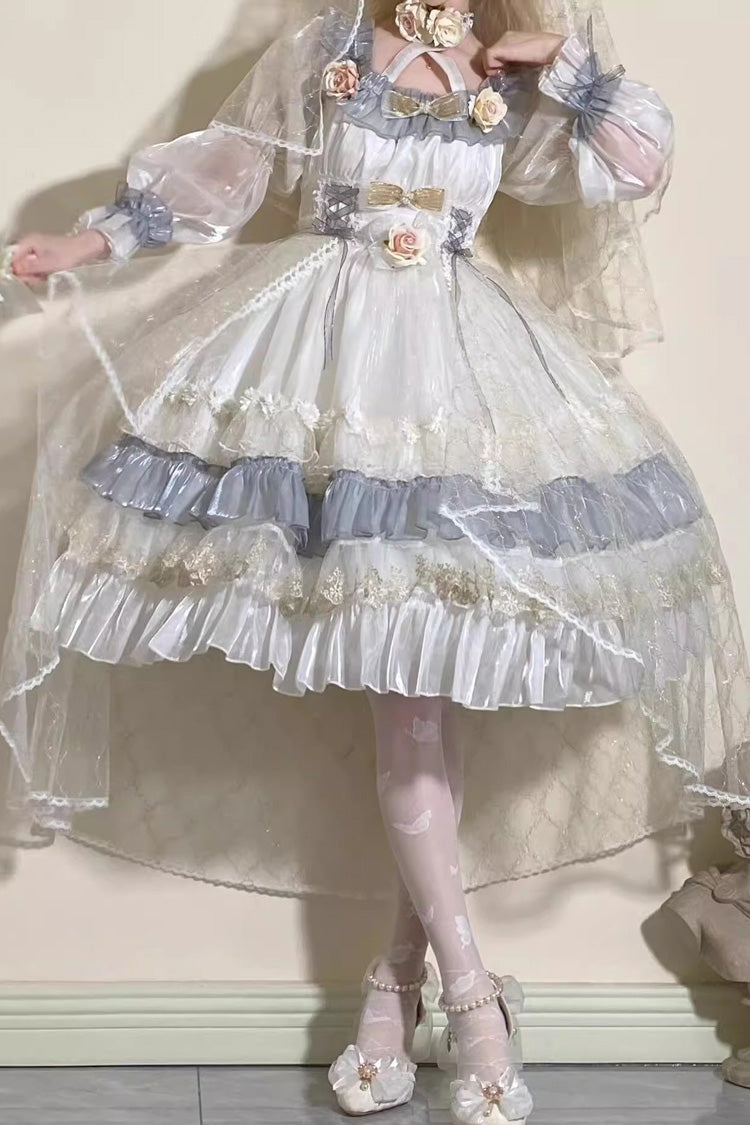 Long Sleeve Multi-Layer Ruffle Bow Lace Lace-Up Sweet Princess Lolita Dress - Grey Blue