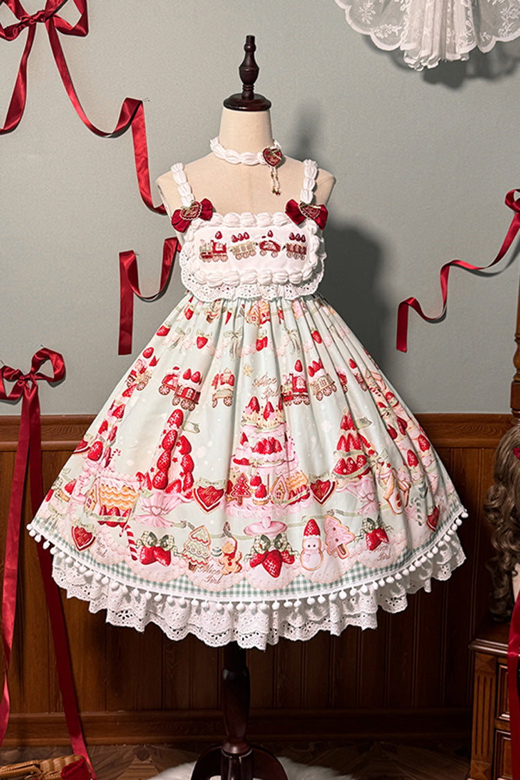 Mint Strawberry Dessert Printed High-Waisted Sweet Lolita JSK Dress - Ruffled