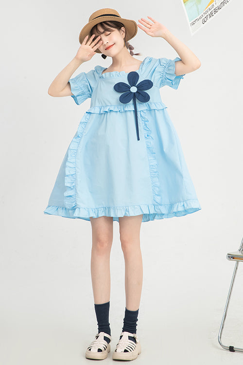Azure Floral-Accessory Sweet Dress with Square Collar