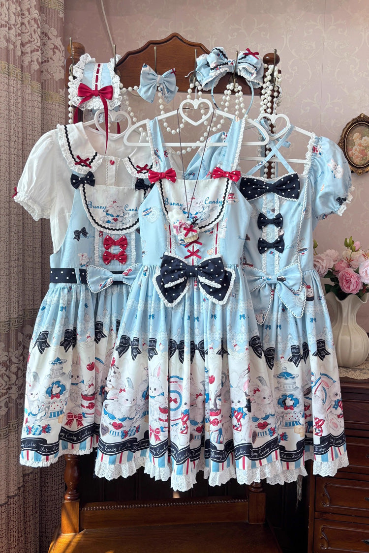 Sleeveless Print Ruffle Bowknot Lace Sweet Lolita Jsk Dress Blue
