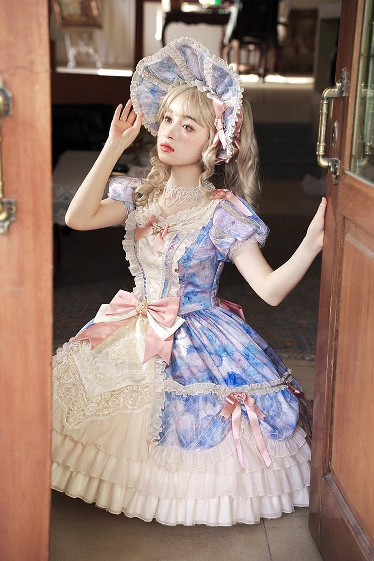 Angel Heart Sky Oil Painting Printed Bow Cardigan Sweet Lolita Dress - Multi-Color