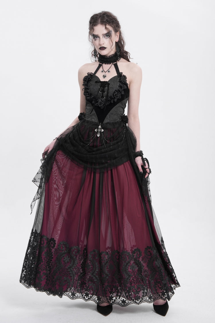 Elegant Black Rose Heart Lace Embroidered Sleeveless Halter Gothic Shirt